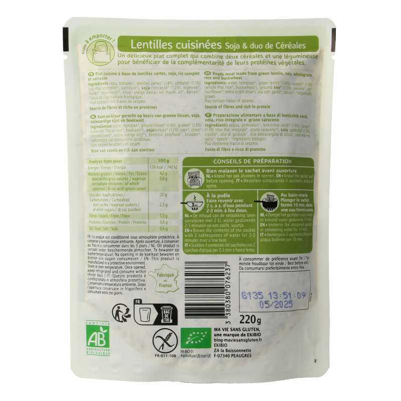 Ma Vie Sans Gekookte linzen soja & granenduo glutenvrij bio 220.00 Gram