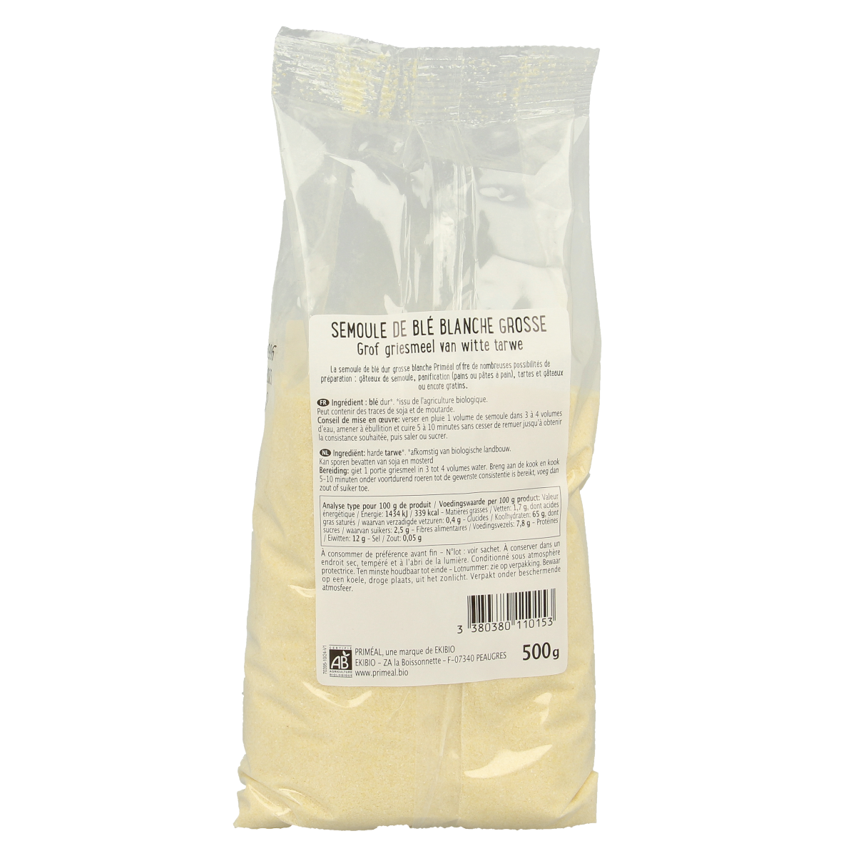 Primeal Griesmeel witte tarwe grof bio 500.00 Gram