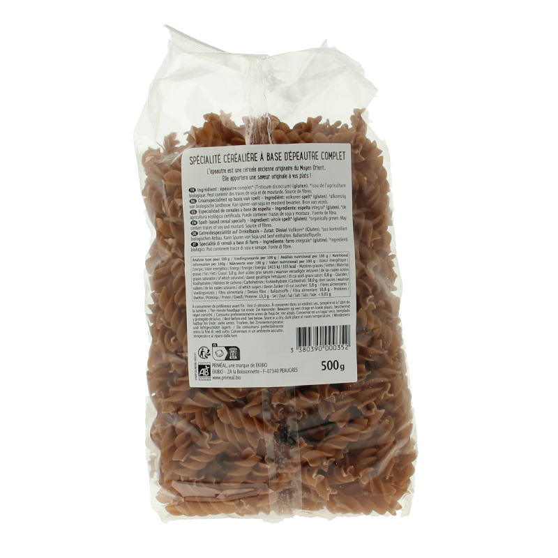 Primeal Spelt fusilli spiralen volkoren bio 500 Gram