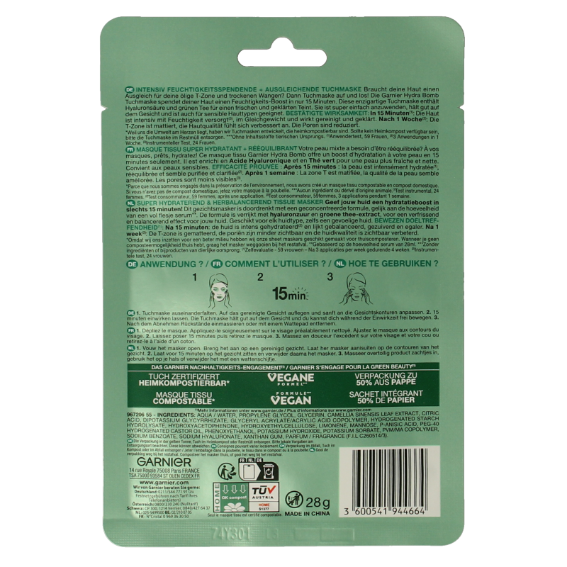 Garnier SkinActive tissuemasker hydra bomb groene thee 1 Stuks