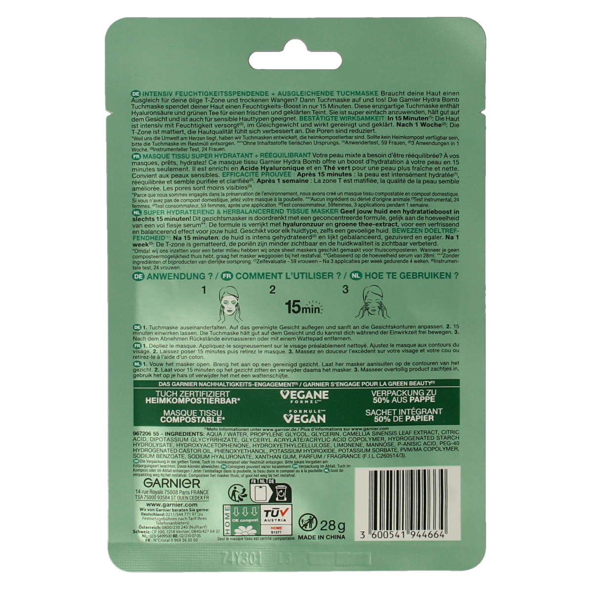 Garnier SkinActive tissuemasker hydra bomb groene thee 1.00 Stuks