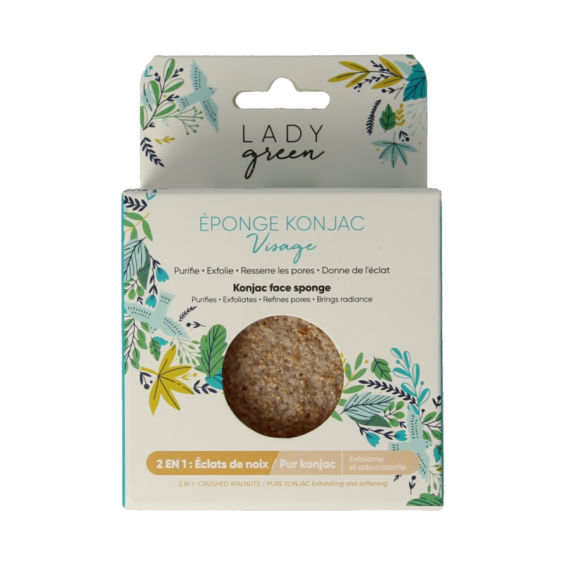 Lady Green Konjac gezichtsspons crushed walnut 1 Stuks