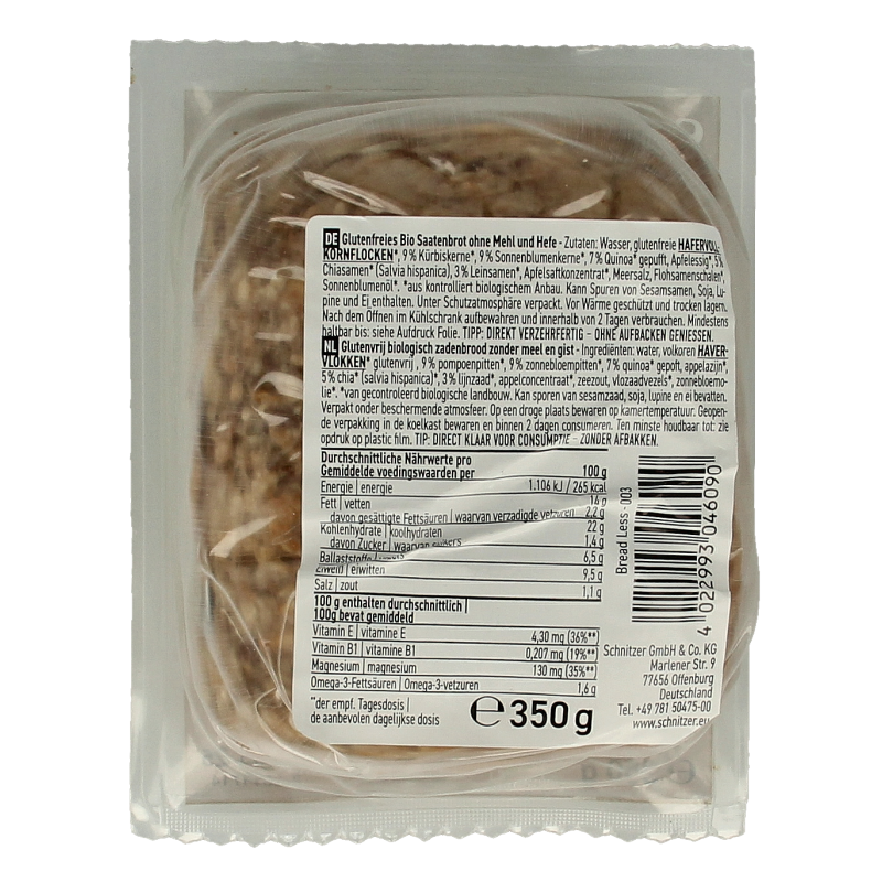 Schnitzer Breadless brood glutenvrij bio 350 Gram