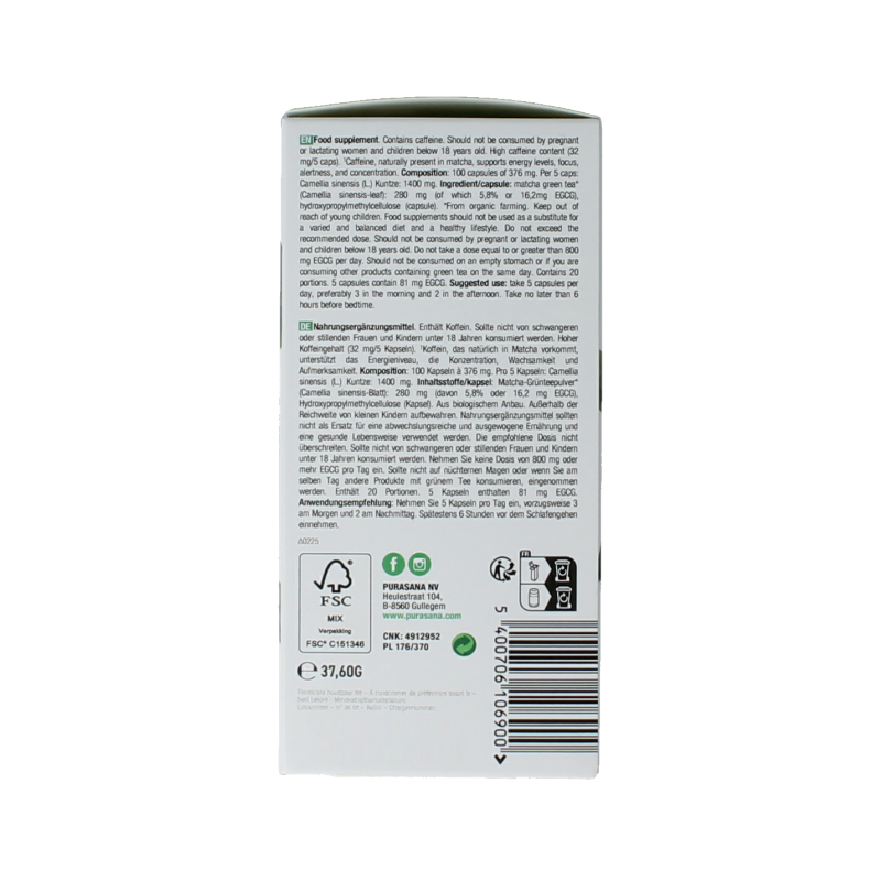 Purasana Matcha vegan bio 100 Vegetarische capsules