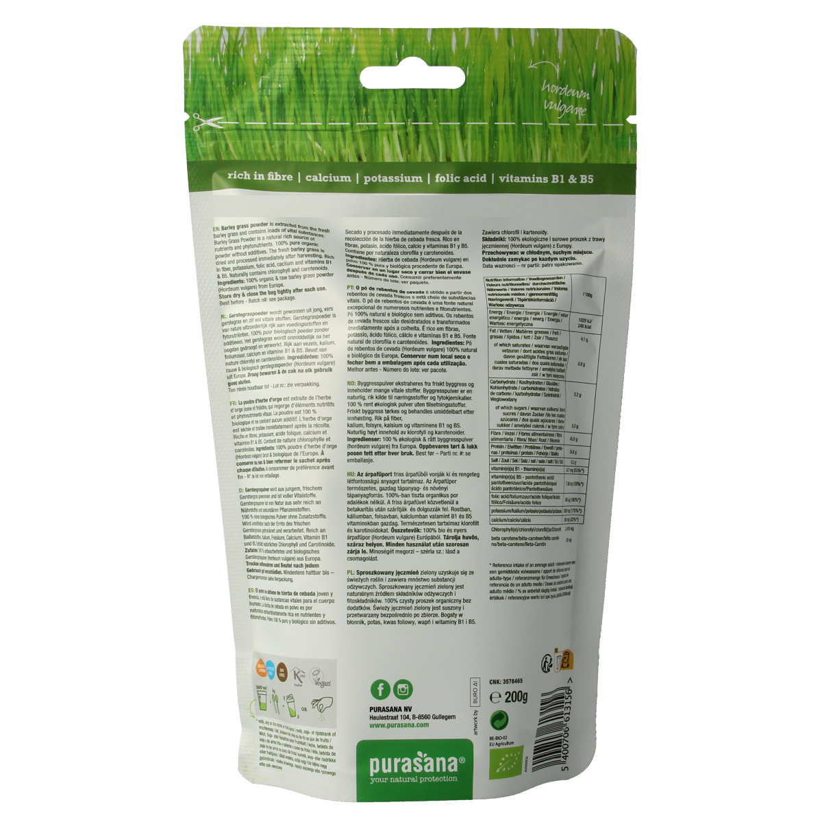 Purasana Gerstegras poeder vegan bio 200.00 Gram