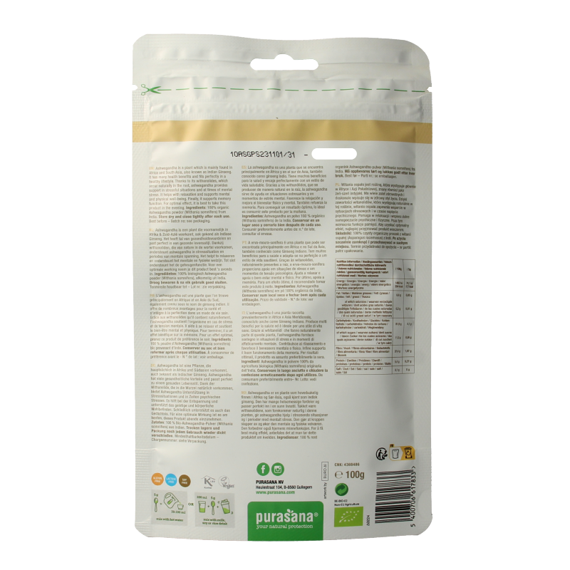 Purasana Ashwagandha poeder vegan bio 100 Gram