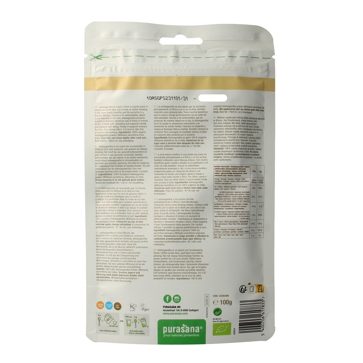 Purasana Ashwagandha poeder vegan bio 100.00 Gram