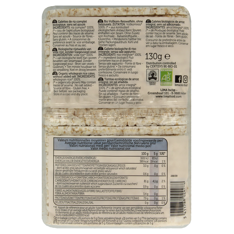 Lima Rijstwafels zonder zout dun recht bio 130 Gram