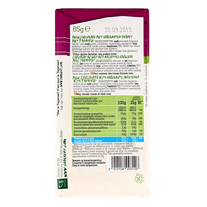 Damhert Chocoladetablet noten minder suikers 85.00 Gram