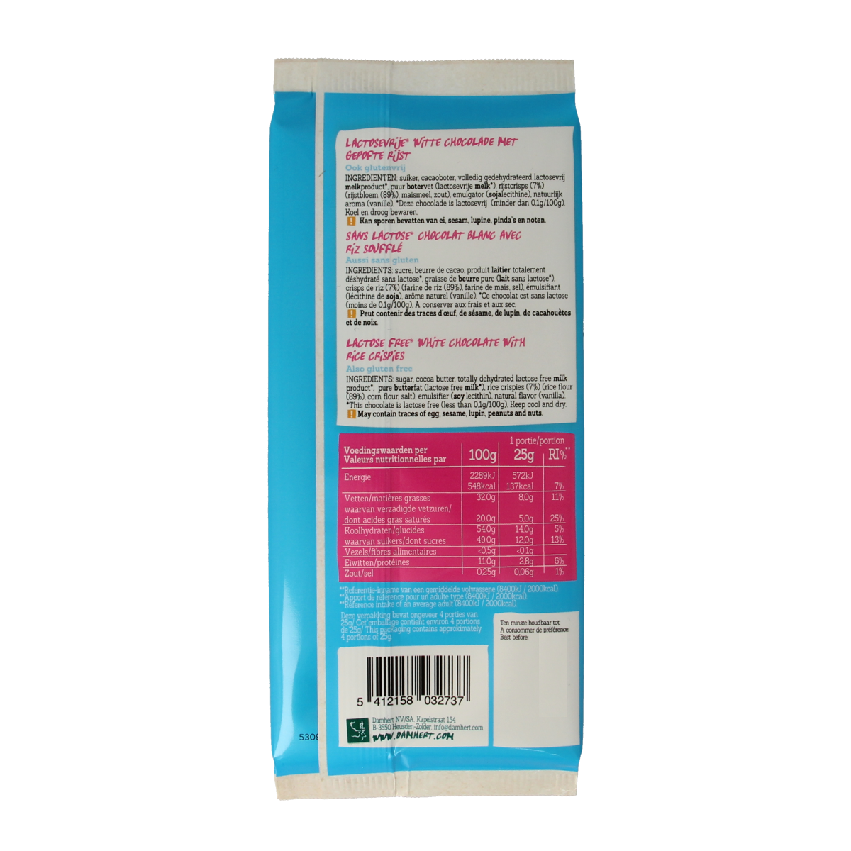 Damhert Witte chocoladetablet crisp gluten- en lactosevrij 100.00 Gram
