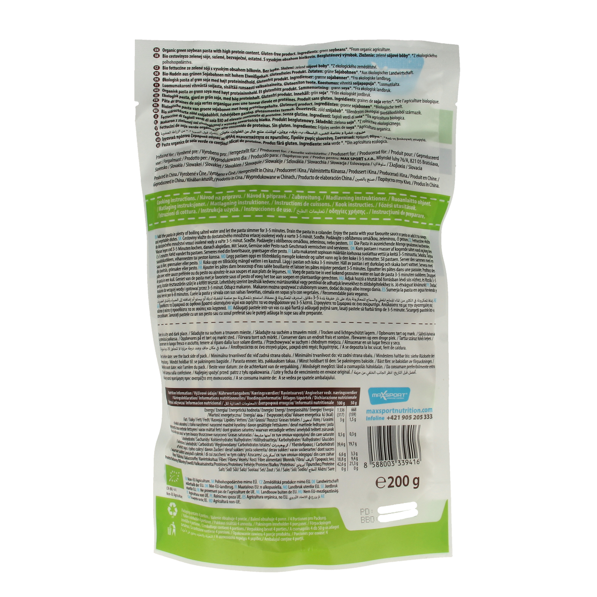 Max Sport Protein pasta green soybean fettucine bio 200.00 Gram