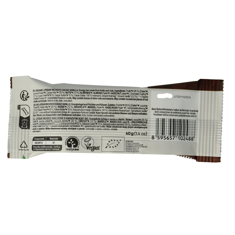 Lifefood Lifebar inchoco chocolade vanille raw bio 40 Gram