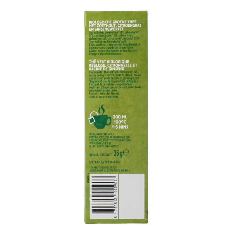 Zonnatura Green tea ginseng bio 20 Zakjes
