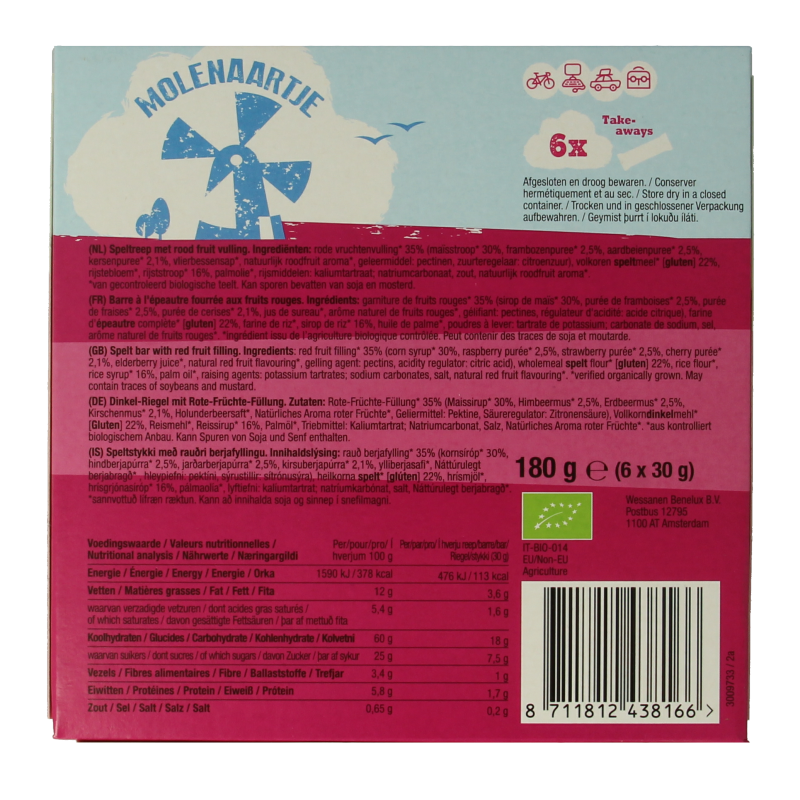 Molenaartje Spelt fruitreep rood fruit bio 180.00 Gram