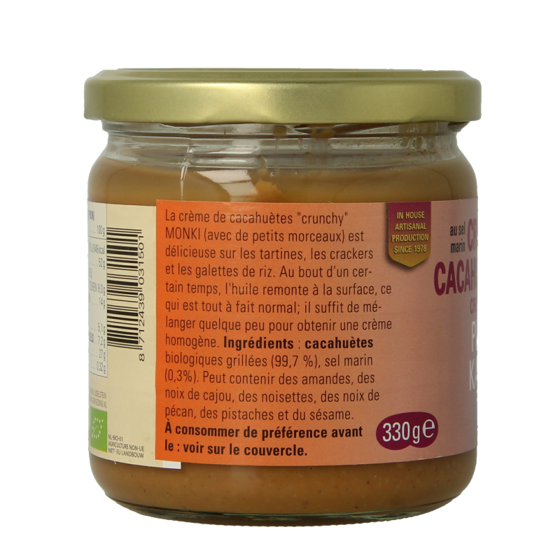 Monki Pindakaas crunchy met zout eko bio 330.00 Gram