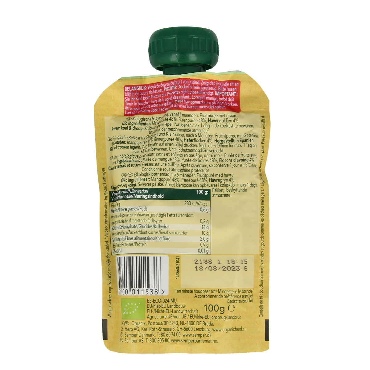 Organix Knijpfruit mango, peer & granola 6+ mnd bio 100.00 Gram