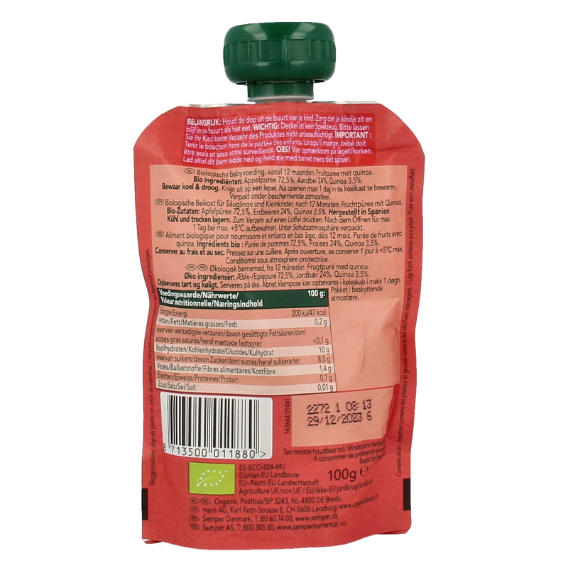 Organix Knijpfruit appel, aardbei & quinoa 12 maanden bio 100 Gram