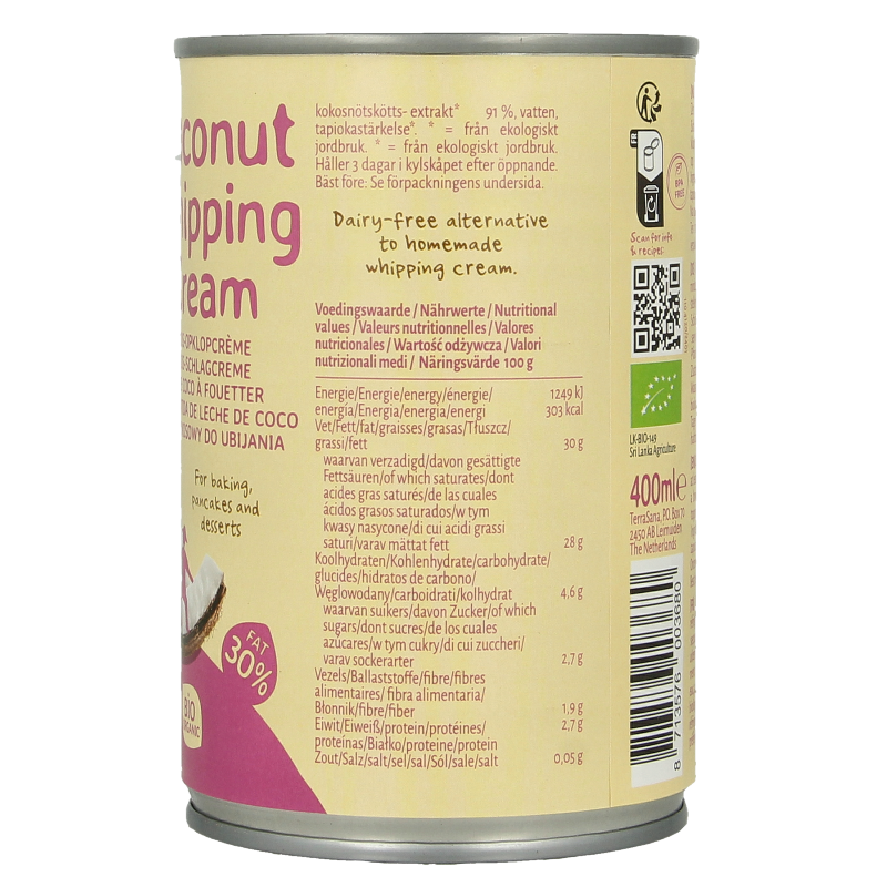TerraSana Kokosmelk slagroom 30% vet bio 400 Milliliter