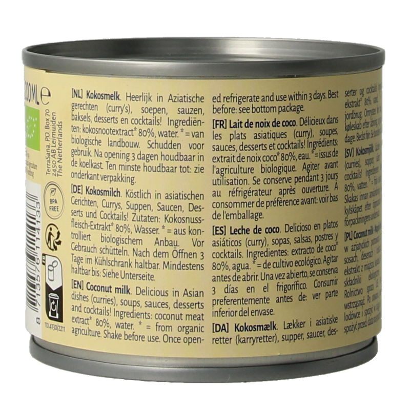 TerraSana Kokosmelk 22% vet bio 200 Milliliter