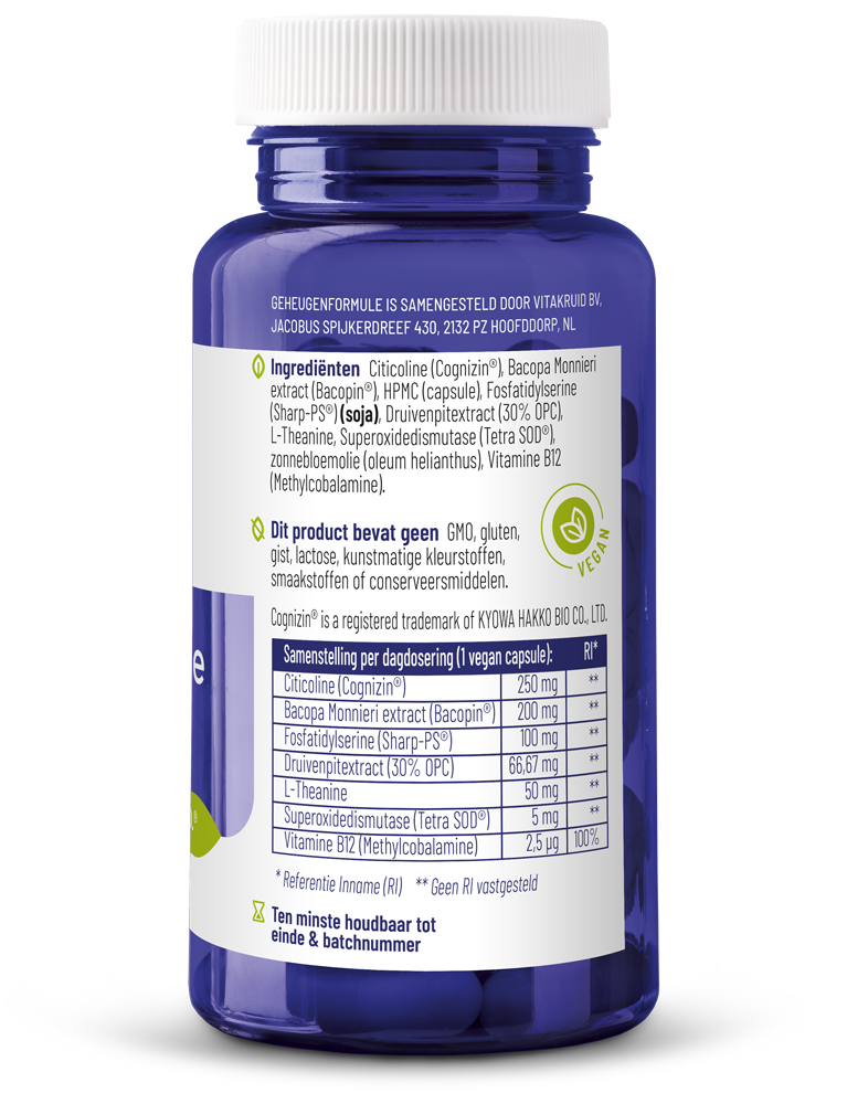 Vitakruid Geheugenformule oa Bacopa monnieri Citicoline OPC 60 Vegetarische capsules
