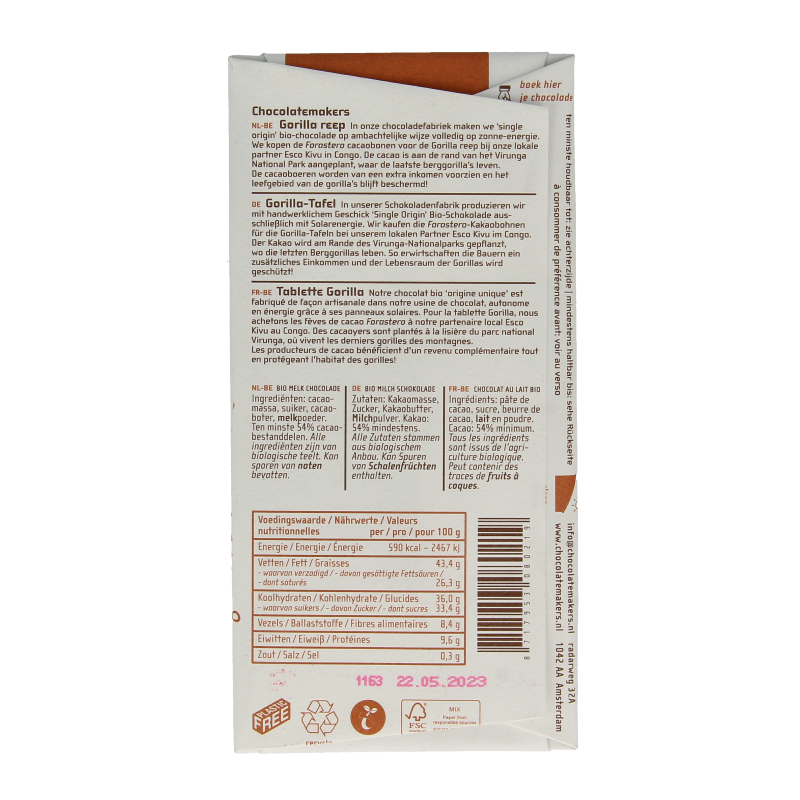 Chocolatemakers Gorilla melk 37% bio 80 Gram
