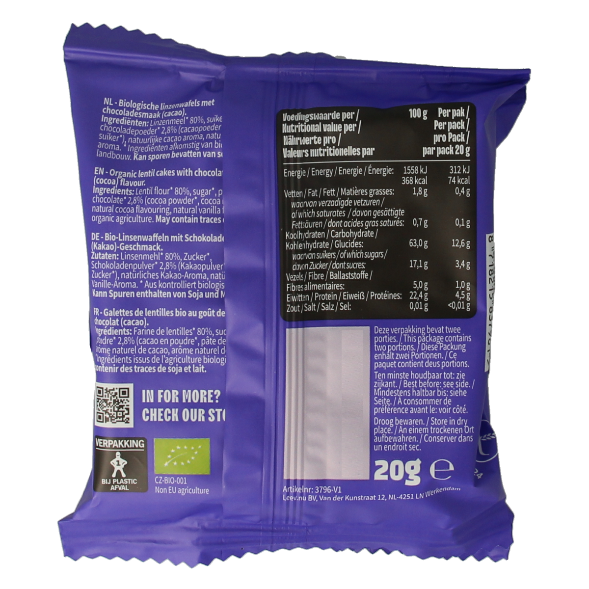 Leev Lovely lentil cakes cacao bio 60.00 Gram