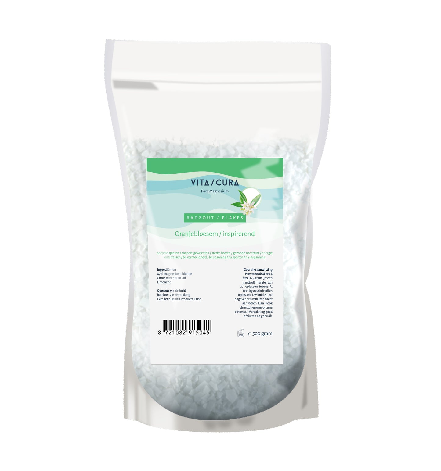 Vitacura Magnesium zout flakes oranjebloesem 500.00 Gram