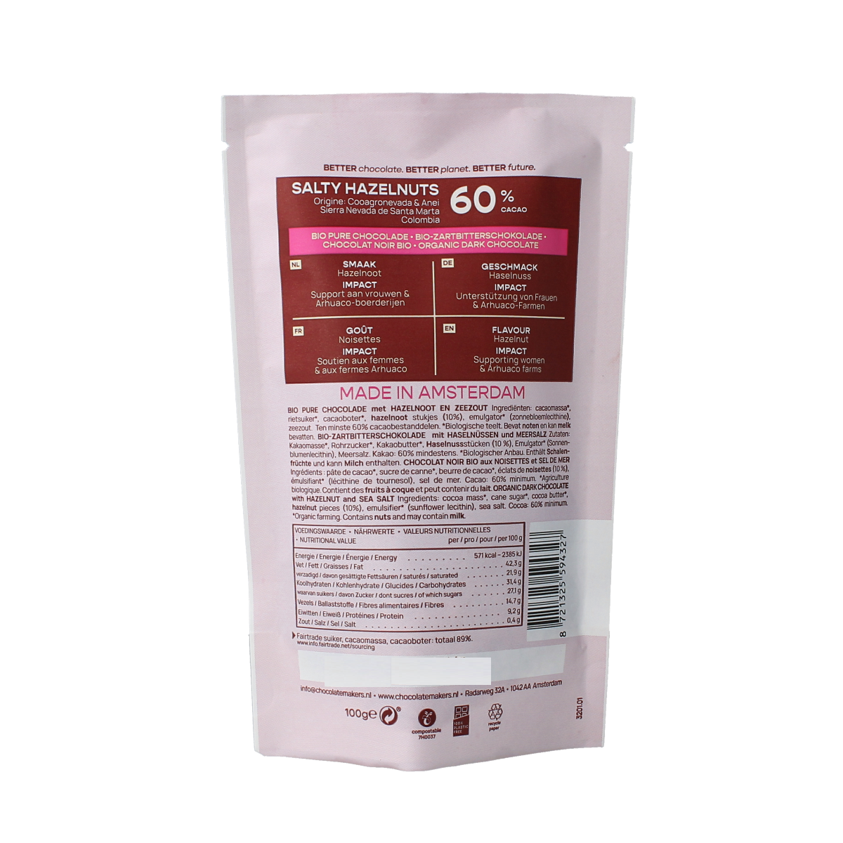 Chocolatemakers Snackable puur 60% met hazelnoot bio 100.00 Gram