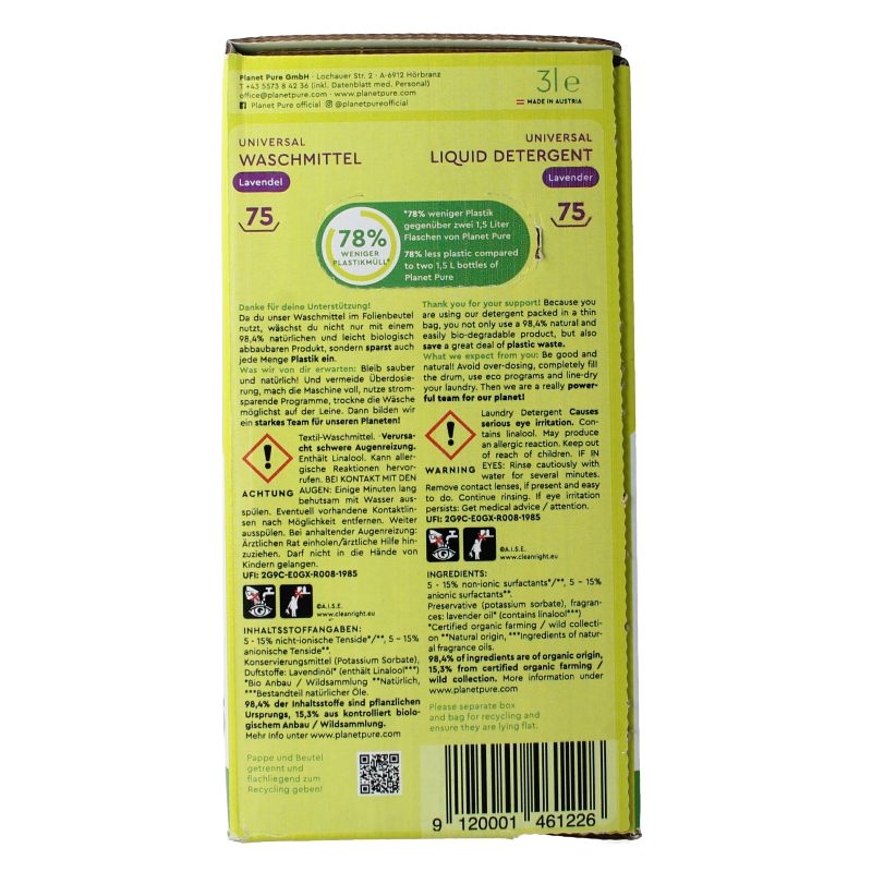 Planet Pure Wasmiddel vloeibaar universeel lavendel 3 Liter