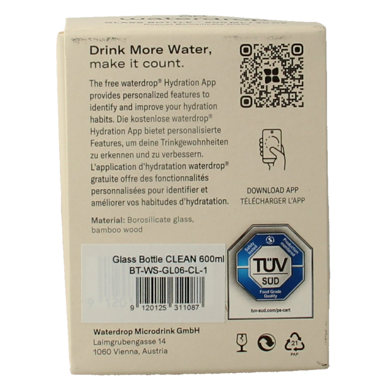 Waterdrop Glazen drinkfles edition clean 600ml 1 Stuks
