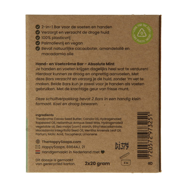 Happysoaps Hand & voetcreme bar absolute mint 40 Gram - DrogistWereld