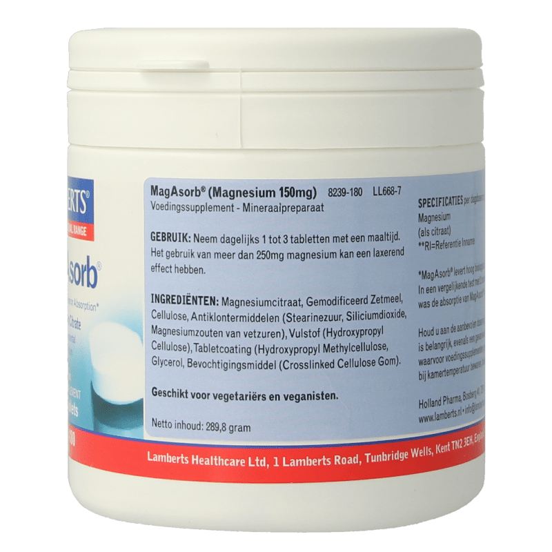 Lamberts MagAsorb (magnesium citraat) 150mg 180 Tabletten - DrogistWereld