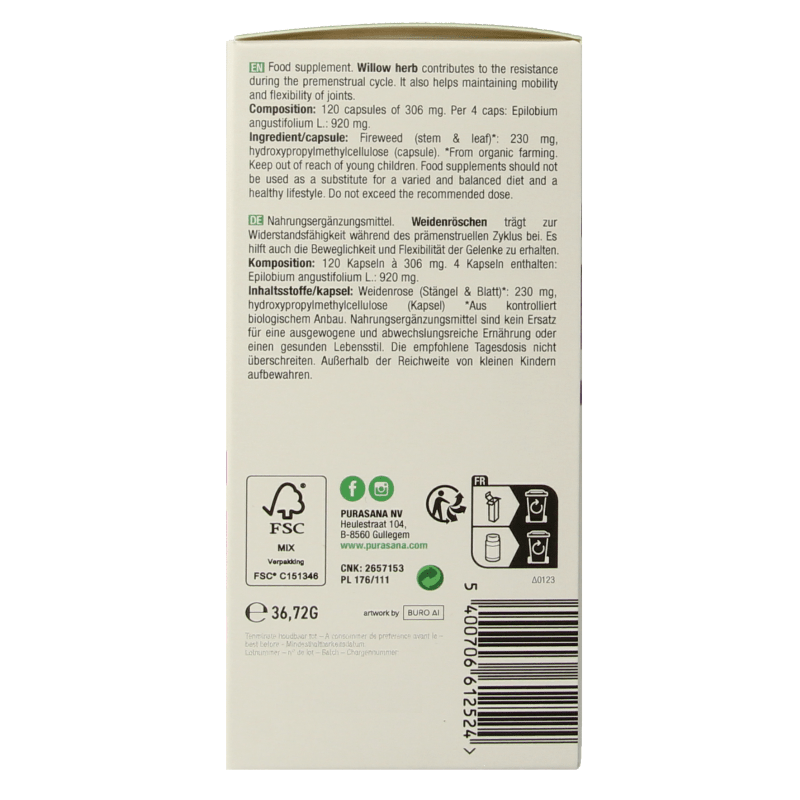Purasana Wilgenroosje vegan bio 120 Vegetarische capsules - DrogistWereld