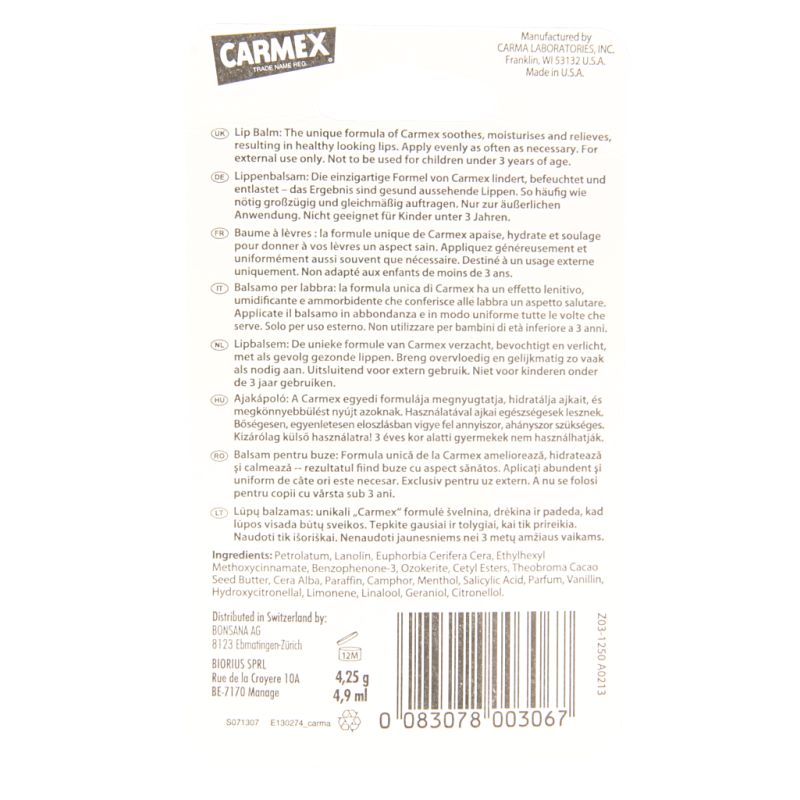 Carmex  Lip balm classic stick 4.3 Gram