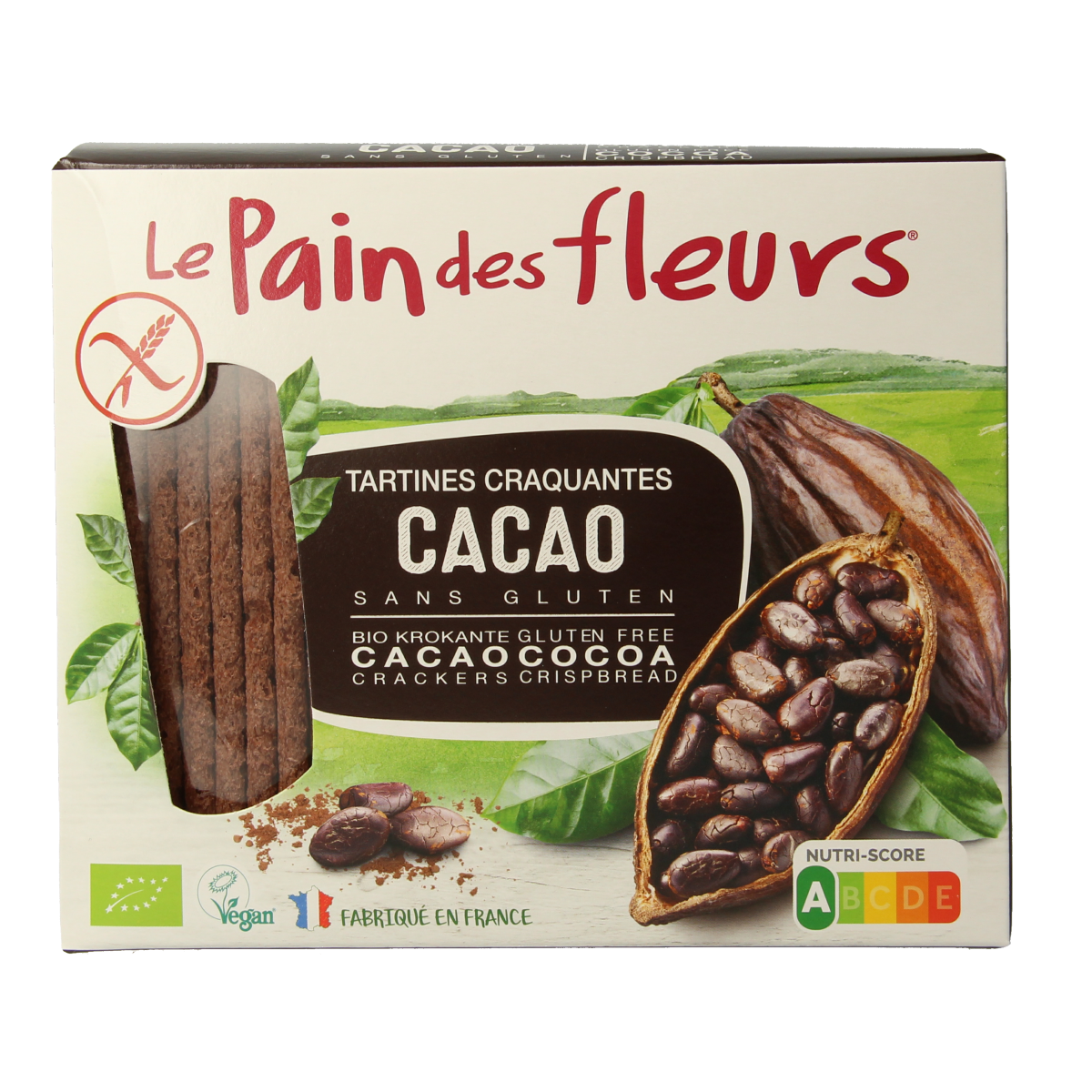 Pain Des Fleurs Krokante crackers cacao glutenvrij bio 160.00 Gram