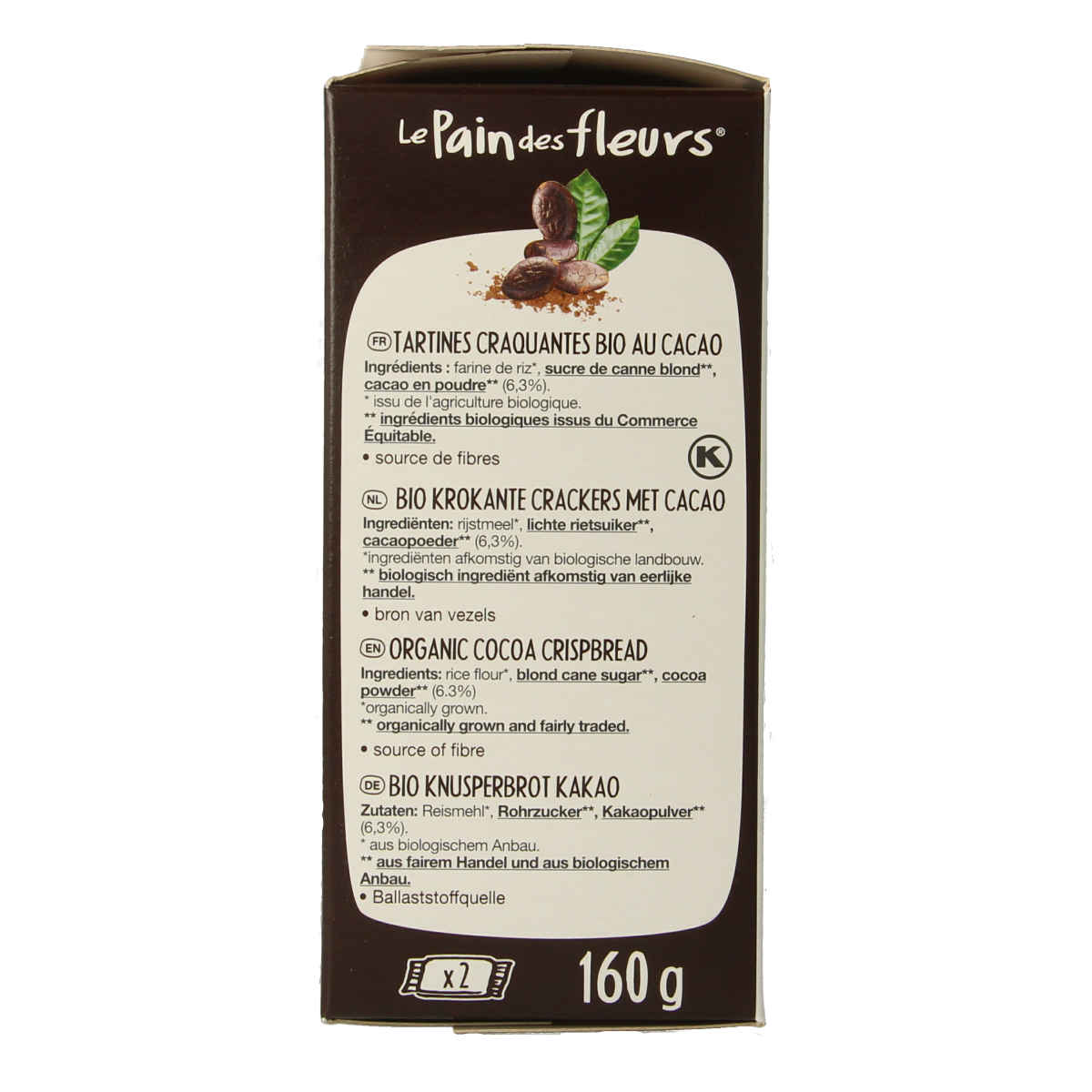 Pain Des Fleurs Krokante crackers cacao glutenvrij bio 160.00 Gram