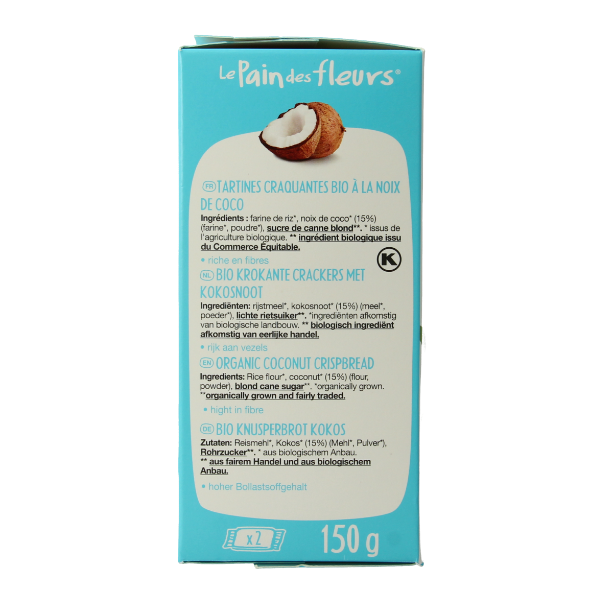 Pain Des Fleurs Krokante crackers kokos glutenvrij bio 150.00 Gram