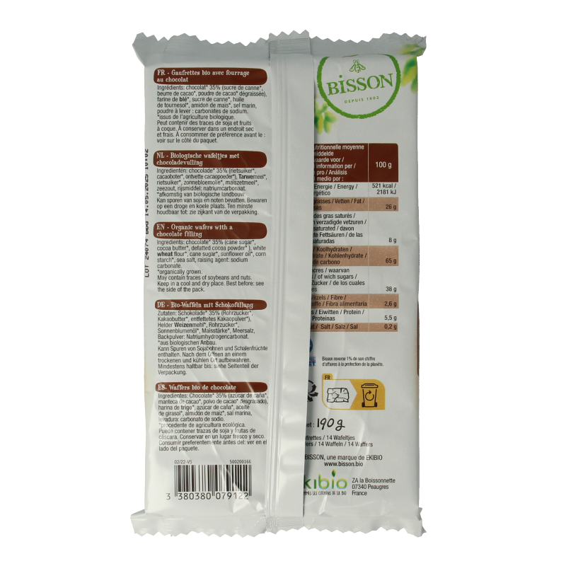 Bisson Chocolade wafels gaufrettes bio 190 Gram