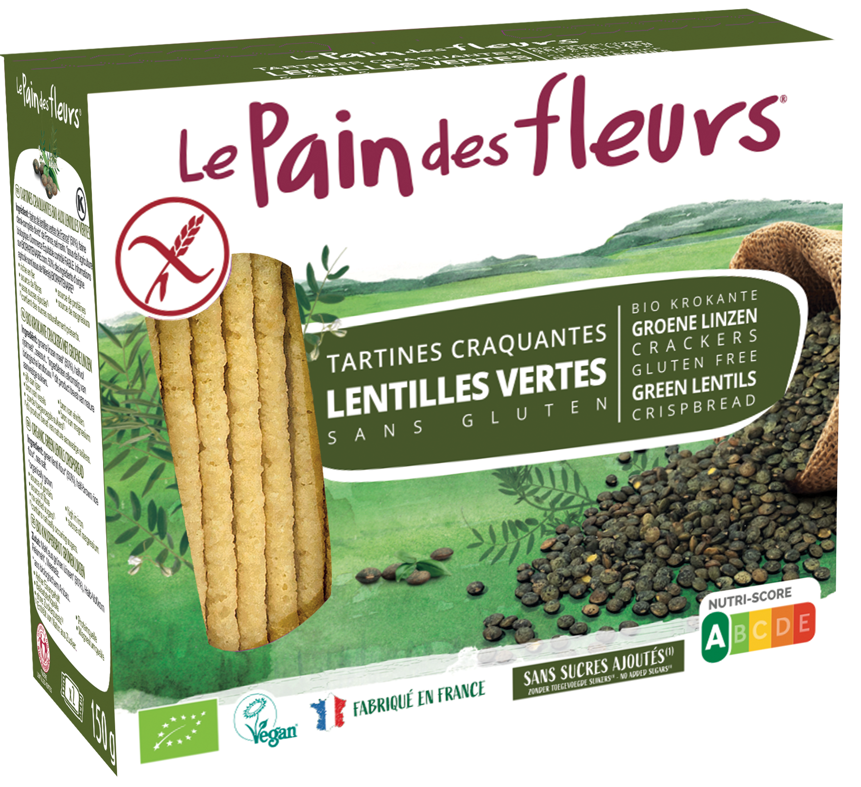 Pain Des Fleurs Krokante crackers groene linzen glutenvrij bio 150.00 Gram