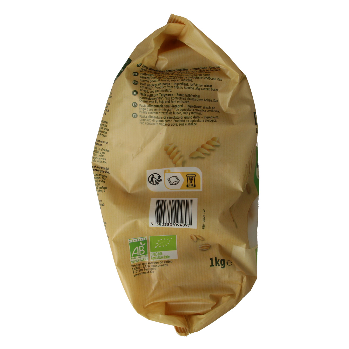 Primeal Fusilli halfvolkoren familie verpakking bio 1.00 Kilogram