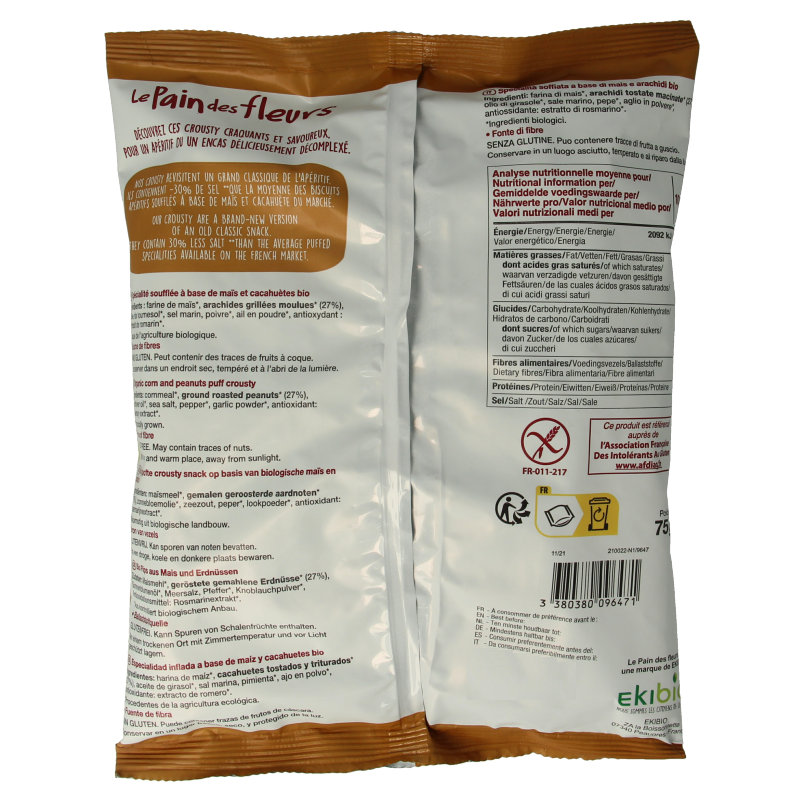 Pain Des Fleurs Chips gepoft pinda -30% zout glutenvrij vegan bio 75 Gram