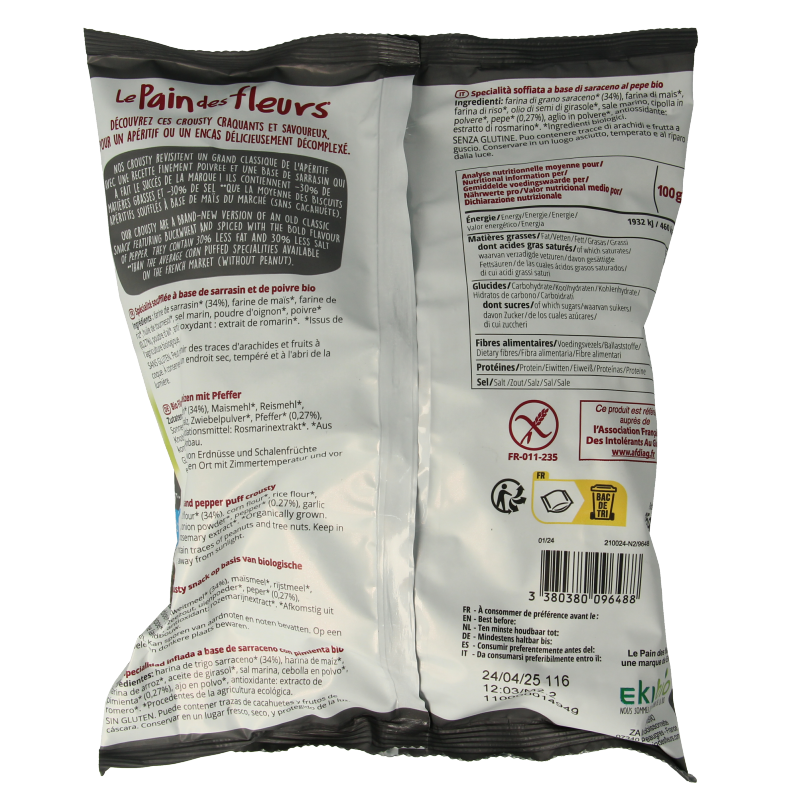 Pain Des Fleurs Crousty chips peper glutenvrij bio 75 Gram