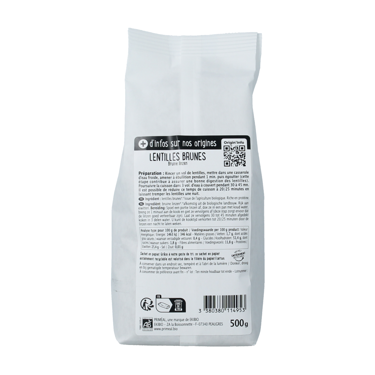 Primeal Bruine linzen bio 500.00 Gram