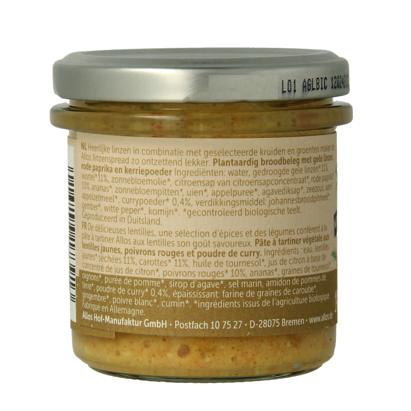 Allos Linzenspread gele curry bio 140 Gram