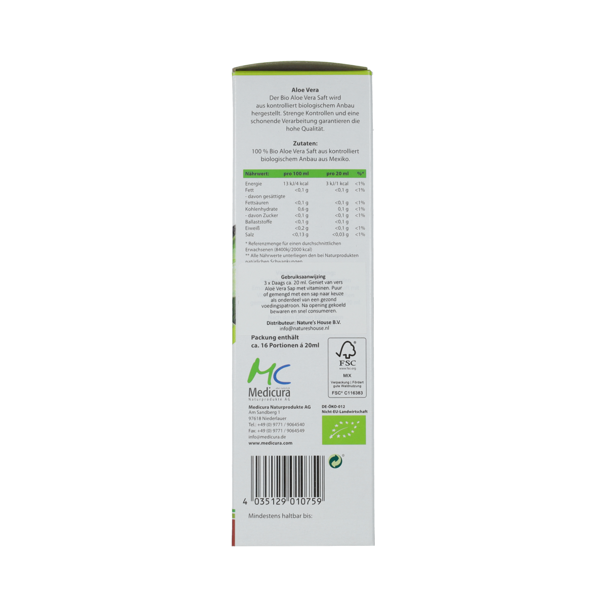 Medicura Aloe vera 100% sap bio 330.00 Milliliter