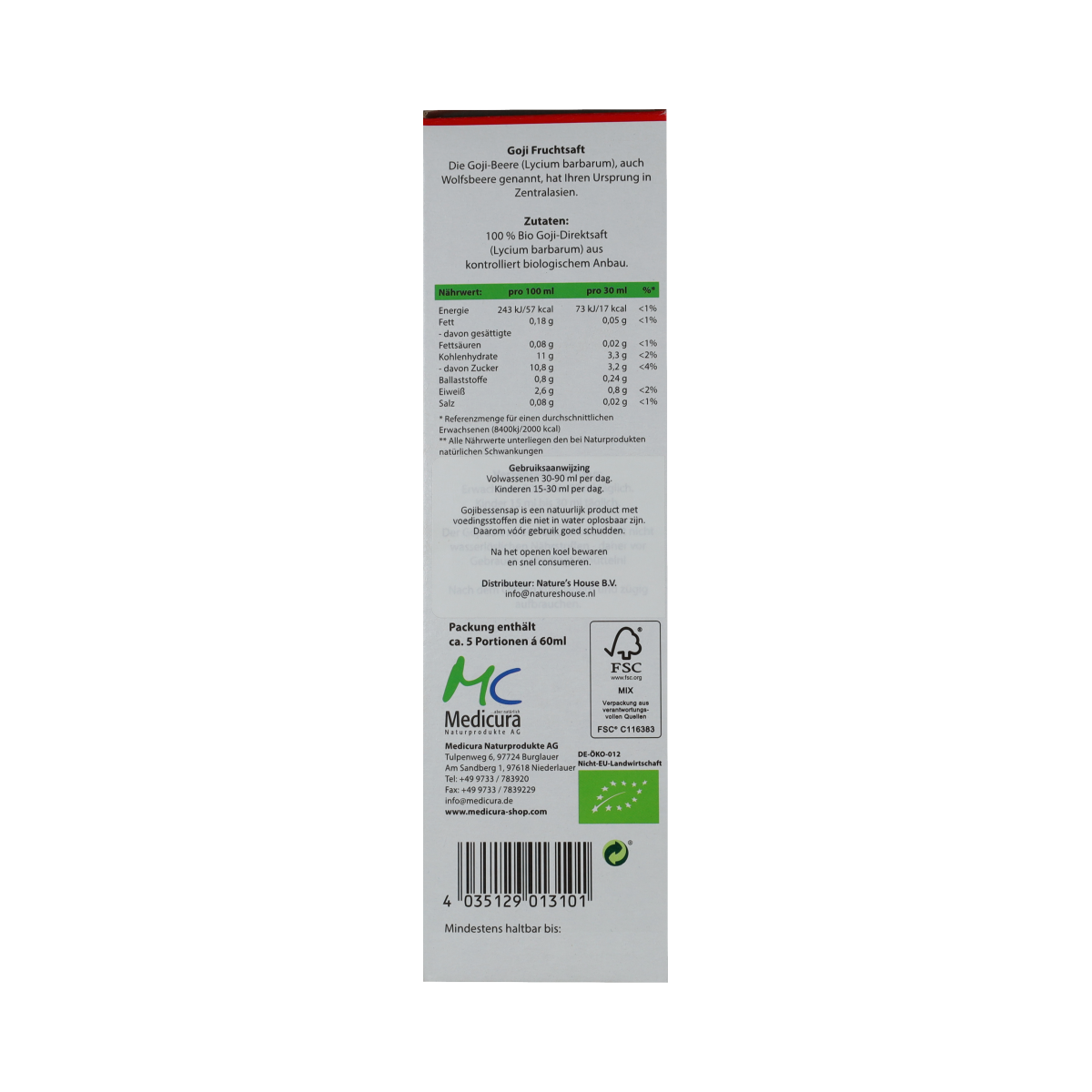 Medicura Goji 100% sap bio 330.00 Milliliter