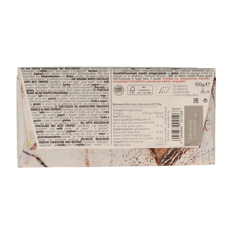 Vivani Chocolade wit met rice crispies bio 100 Gram
