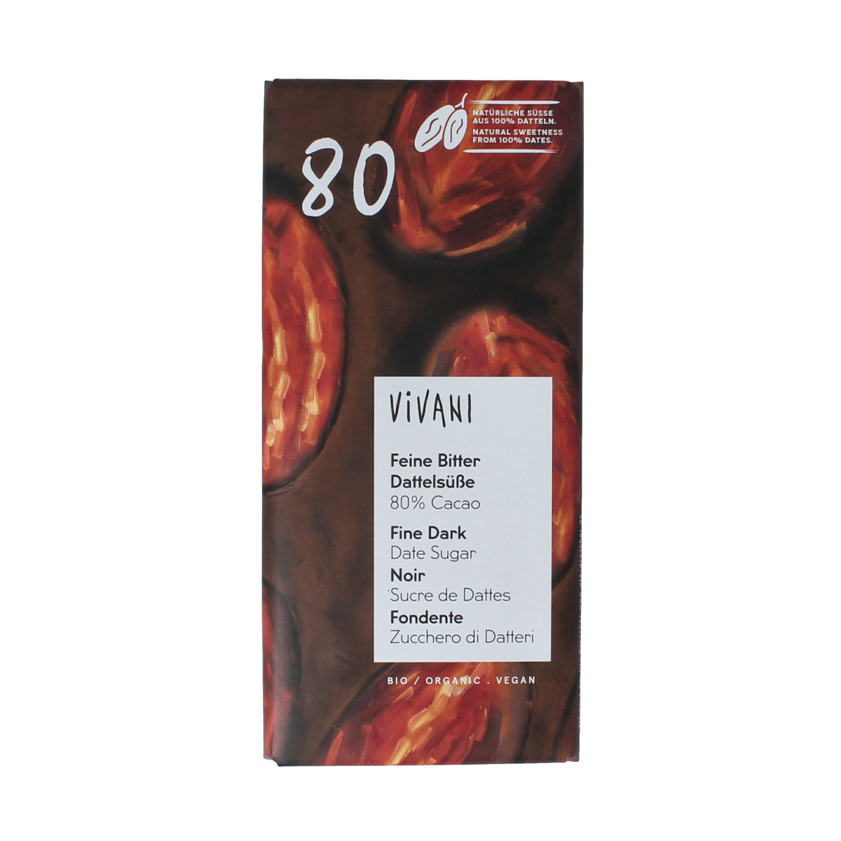 Vivani Fine dark date sugar 80% cacao bio 80.00 Gram