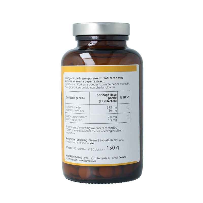 Hanoju Kurkumapoeder + piperine 500mg bio 300 Tabletten