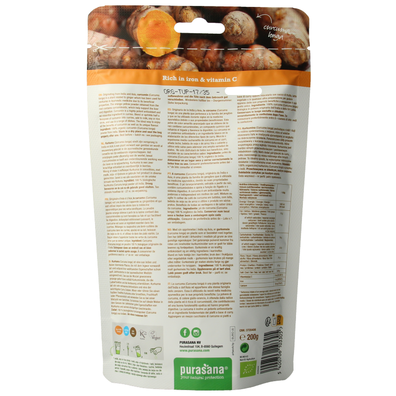 Purasana Curcuma poeder vegan bio 200 Gram